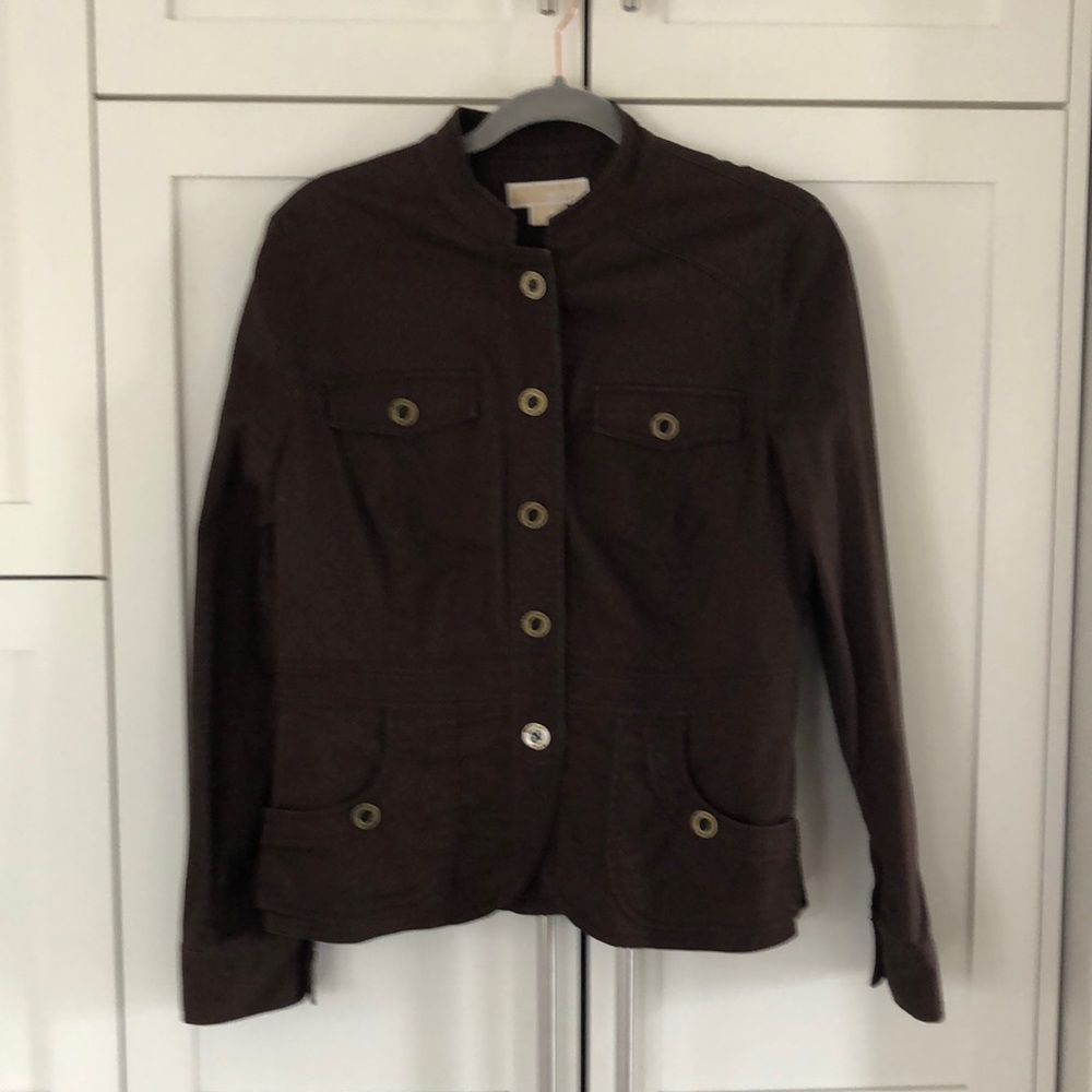MICHAEL Michael Kors Brown Cotton/Spandex Stand Up Collar Button Front Jacket L